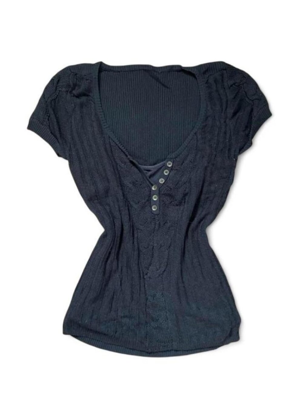 ochirly Black V-Neck Short Sleeve Stretch Knit Button Front Top Size M Y2K